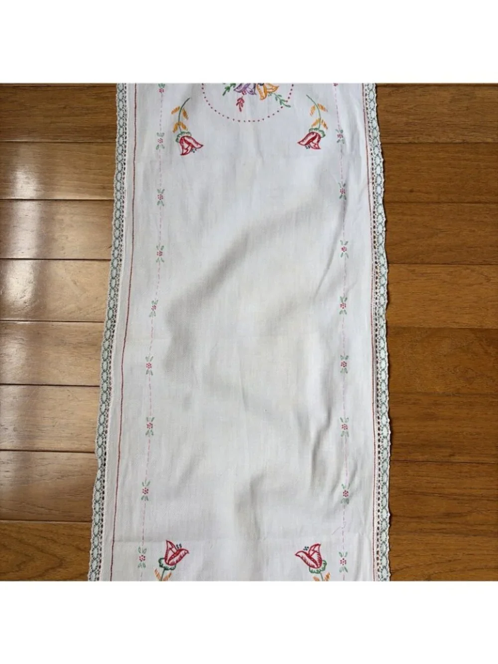 VTG Embroidered Table Runner 40x14 Multicolor Flowers in Basket Crochet Trim